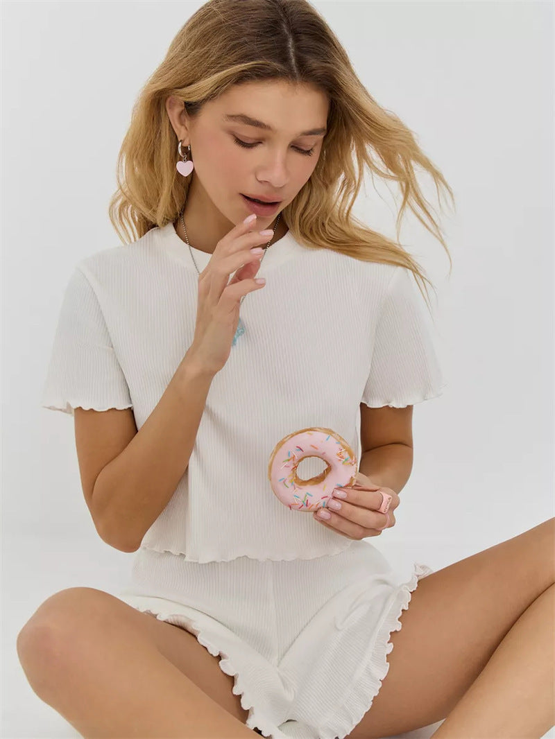Damen Freizeit-Oberteil-Shorts-Set Rippstruktur Volant Rosa