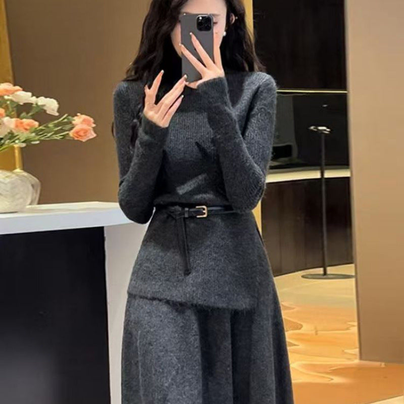Damen Strickkleid Asymmetrischer Saum Mit Gürtel Norvielle
