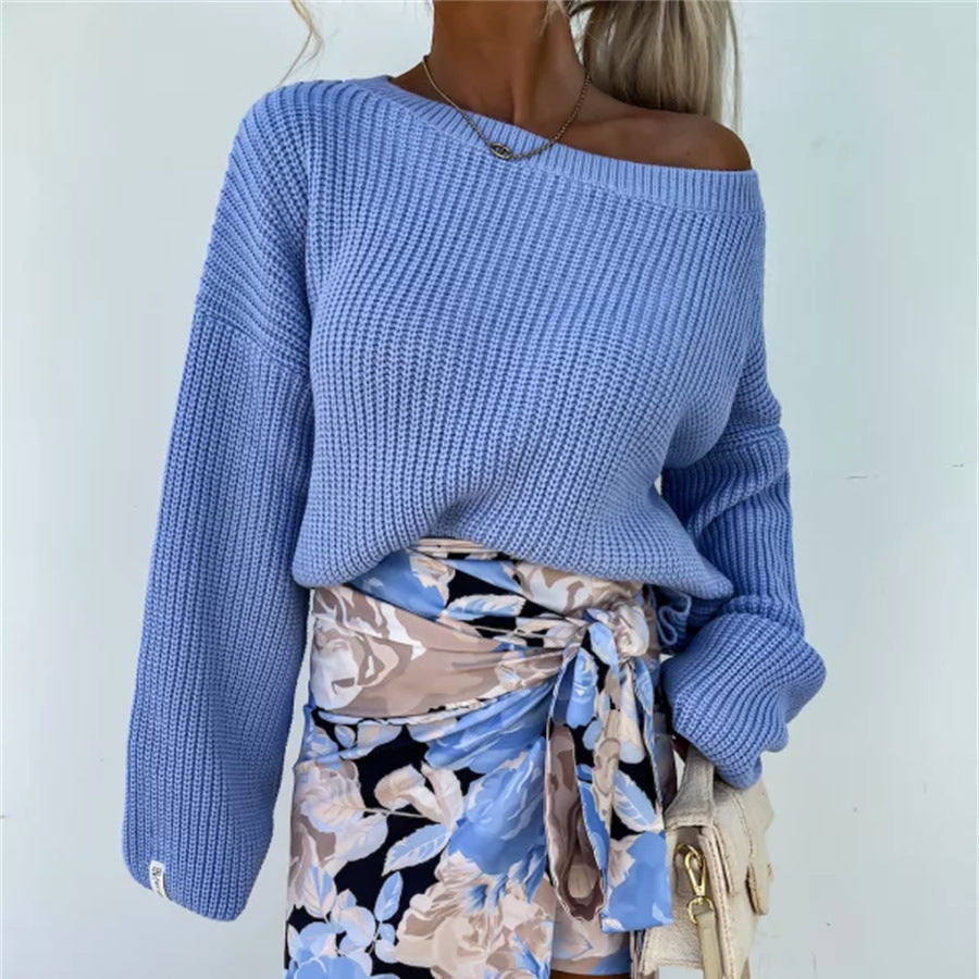 Damen Strickpullover Asymmetrischer Ausschnitt Lockere Ärmel Beige