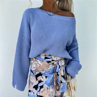 Damen Strickpullover Asymmetrischer Ausschnitt Lockere Ärmel Beige