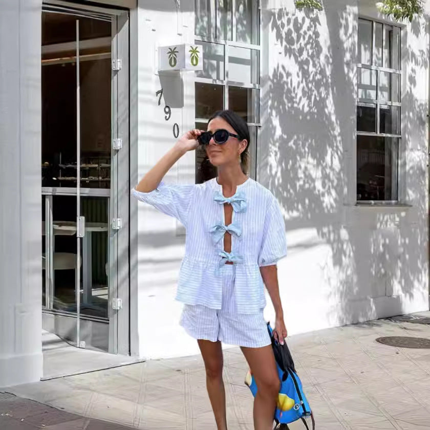 Damen Freizeitset Gestreiftes Oberteil und Shorts Lässig Norvielle