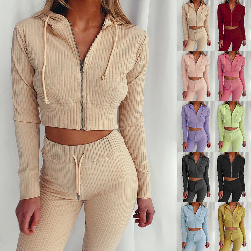 Damen Sportliches Hoodie-Set feines Rippdesign Hochkomfort Beige - Norvielle