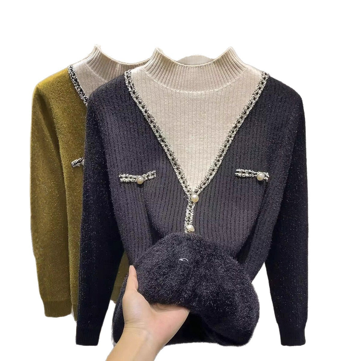 Damen V-Pullover Schimmer-Details Knöpfe Norvielle