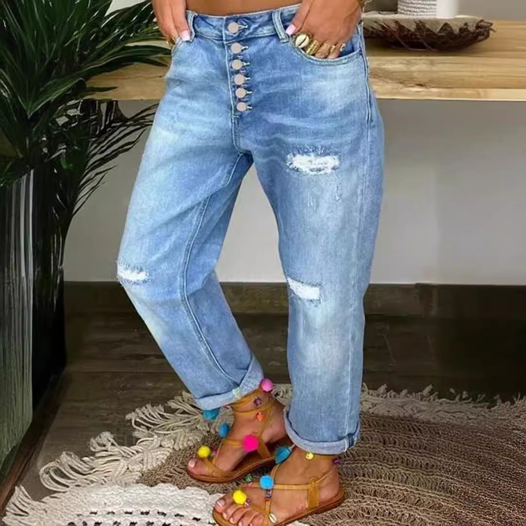 Damen Relaxed Fit Jeans Hochknöpfe Distressed Aussehen