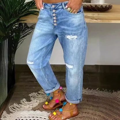 Damen Relaxed Fit Jeans Hochknöpfe Distressed Aussehen