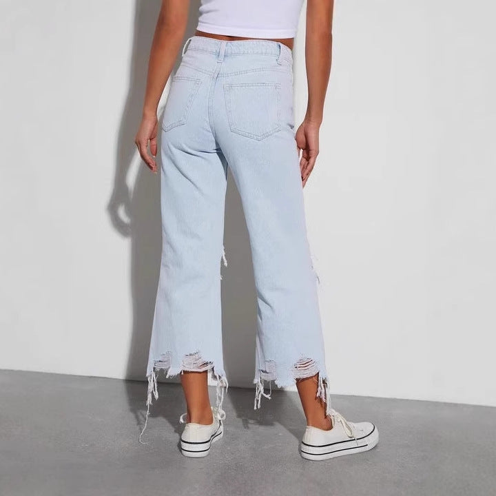 Damen Destroyed Jeans Weites Bein Rissig Norvielle