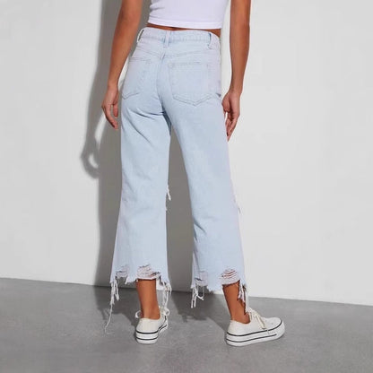 Damen Destroyed Jeans Weites Bein Rissig Norvielle