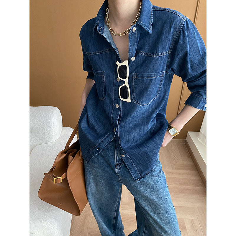 Damen Jeanshemd Lässig Brusttaschen Blau - Norvielle