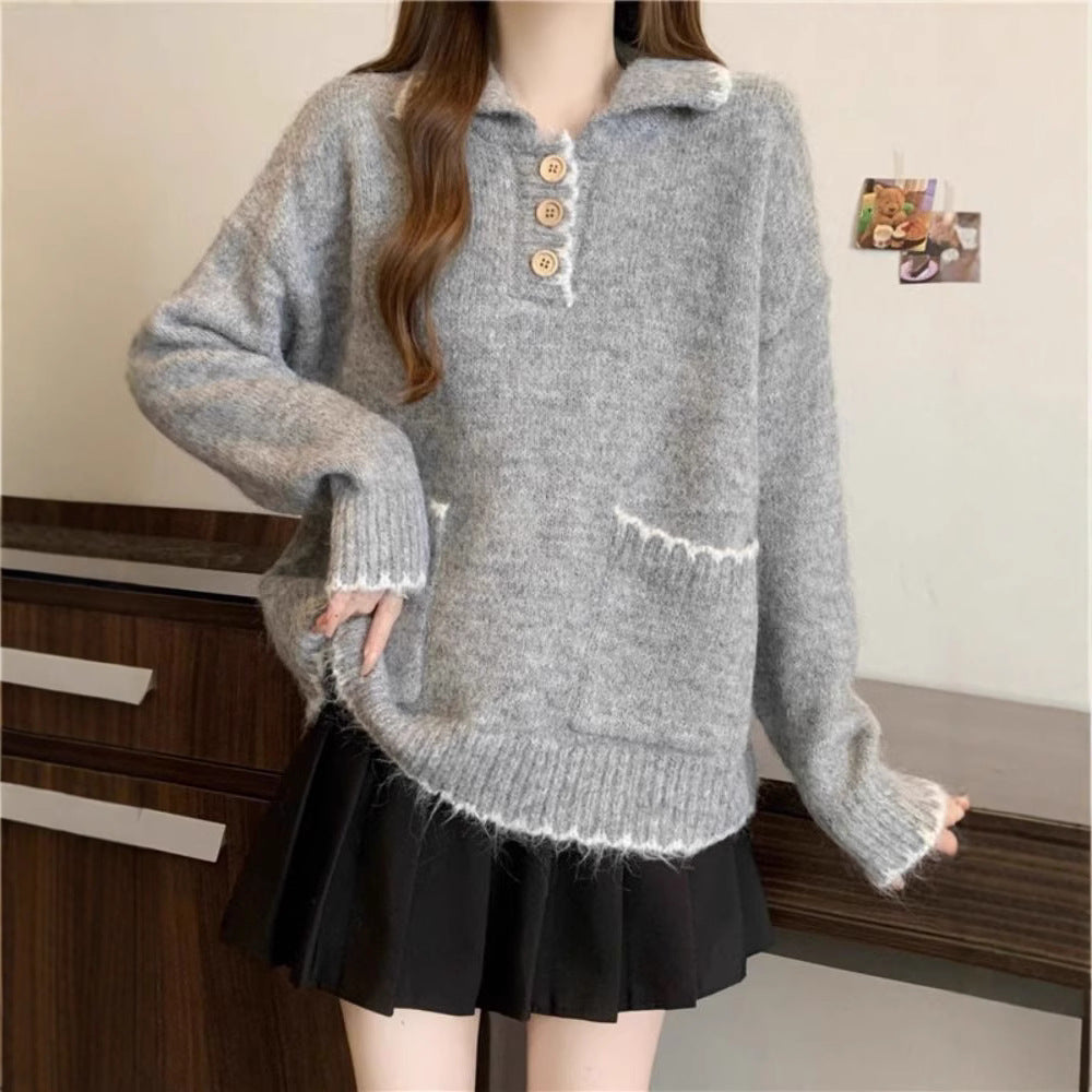 Damen Strickpullover mit Kragen und Knöpfen