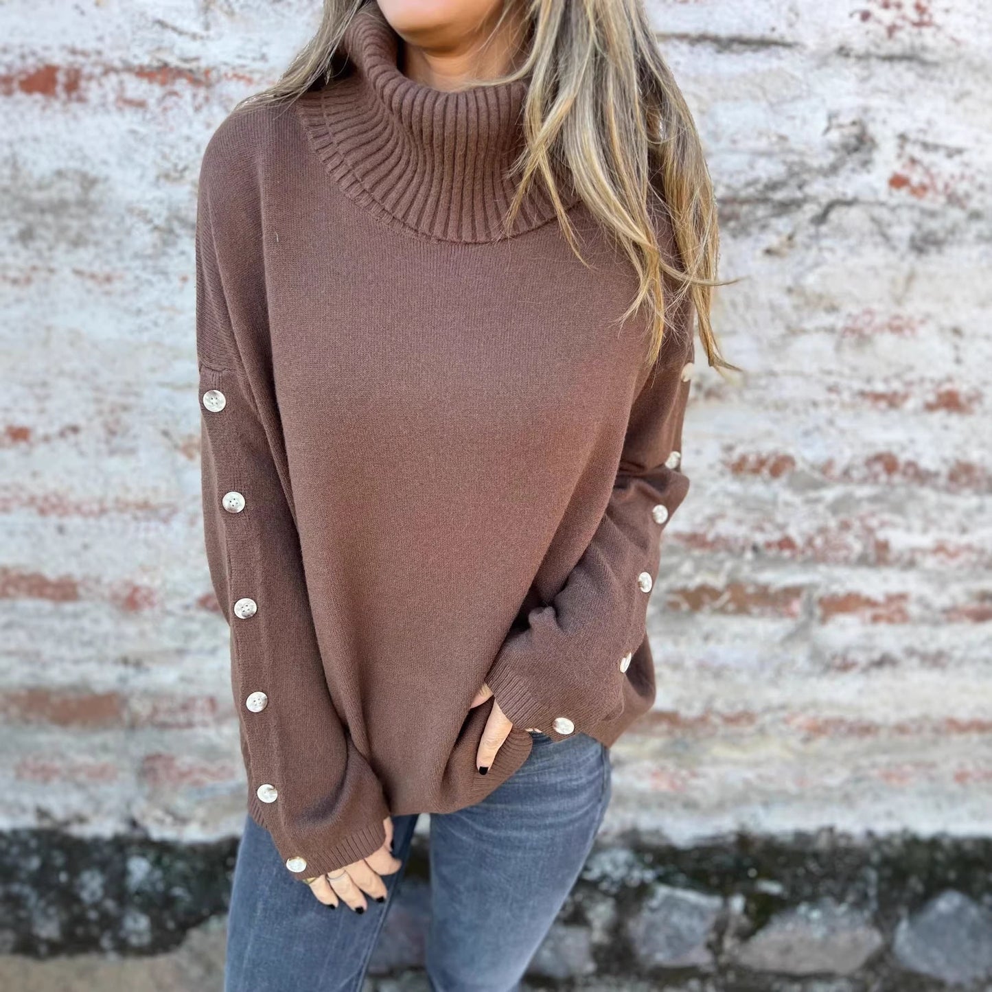 Damen Pullover Rollkragen Dekorativer Knopf Norvielle - Norvielle