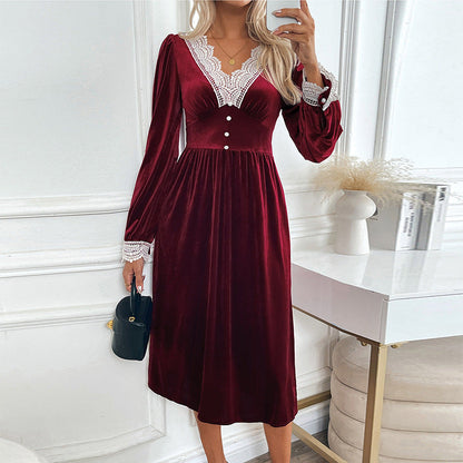 Damen Samtkleid Spitzenapplikationen Knöpfe