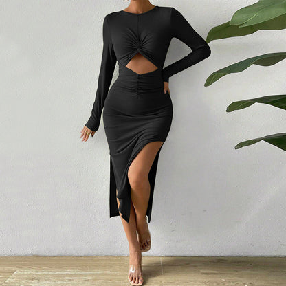 Damen Midikleid Raffinierte Rüschendetails Cut-Outs Schwarz - Norvielle