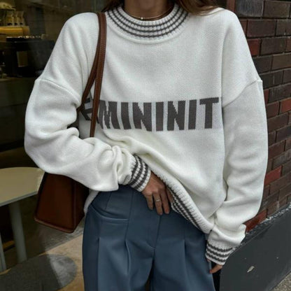 Damen Sweatpullover mit Schriftzug und Streifen Bündchen