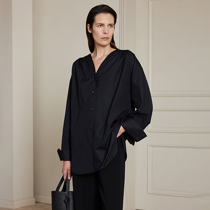 Damen Oversize-Hemd V-Ausschnitt Baumwolle Weiß - Norvielle