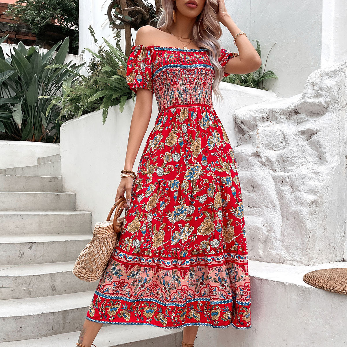 Damen Maxikleid Off-Shoulder mit floralen Mustern und elastischem - Norvielle