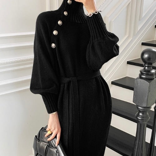 Damen Strickkleid mit Knöpfen und Taillengürtel Norvielle