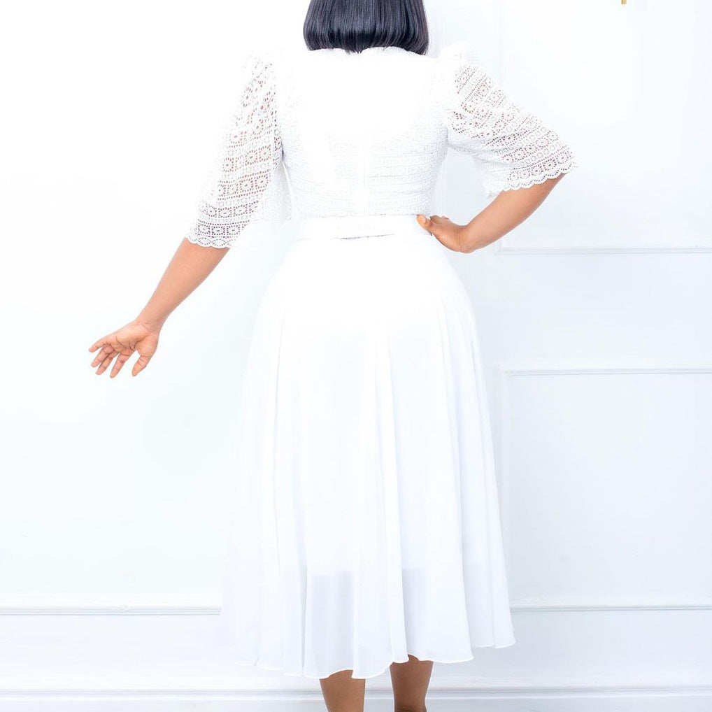 Damen Maxikleid Spitze Taillengürtel Norvielle