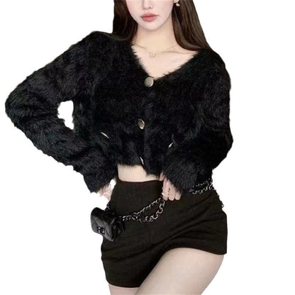 Damen Flauschiger Cardigan mit Knöpfen und Taschen