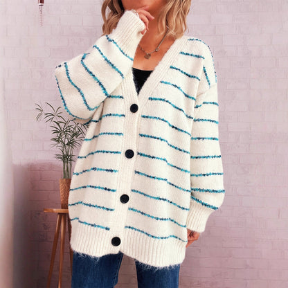 Damen Strickcardigan Streifenmuster Große Knöpfe Beige