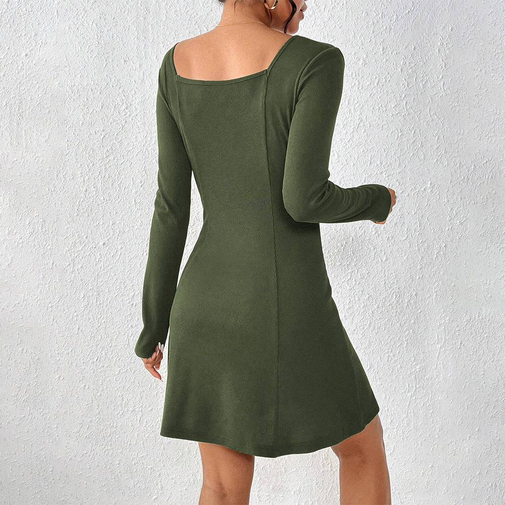 Damen Knopfleiste Kleid Langarm Quadratausschnitt