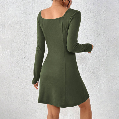 Damen Knopfleiste Kleid Langarm Quadratausschnitt
