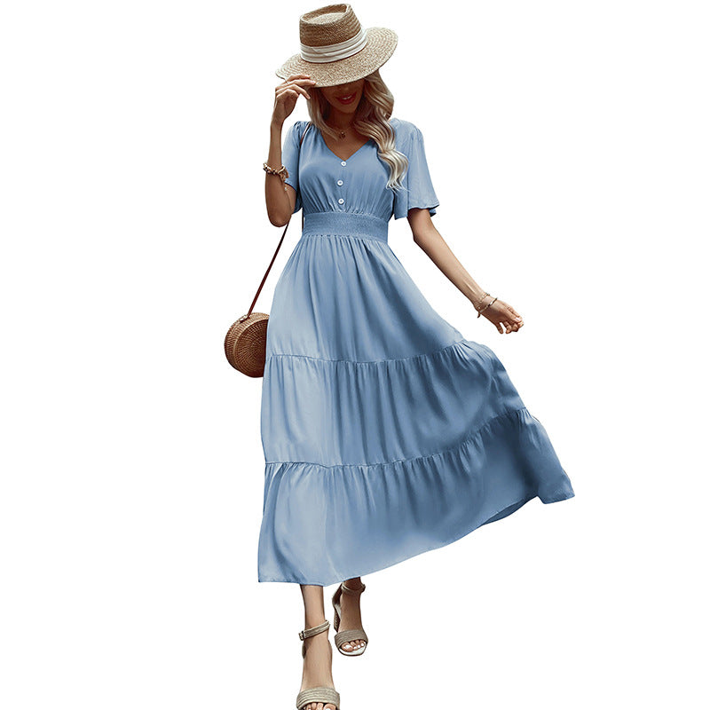 Damen Maxikleid Rüschen Details Taillengürtel Norvielle