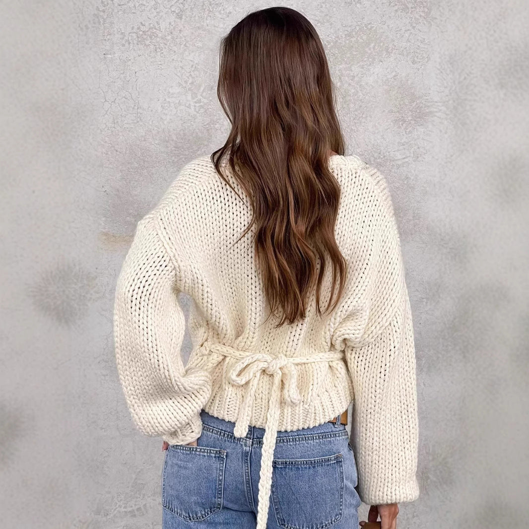 Damen Wickelpullover V-Ausschnitt Voluminöse Ärmel Norvielle