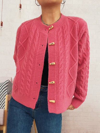Damen Strickcardigan Weich Nautisches Zopfmuster Holzknöpfe Beige