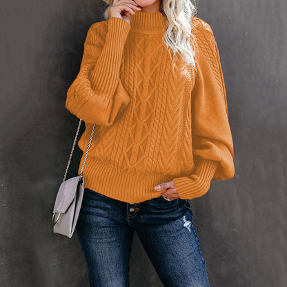 Damen Grobstrickpullover Stehkragen Ballonärmel Norvielle