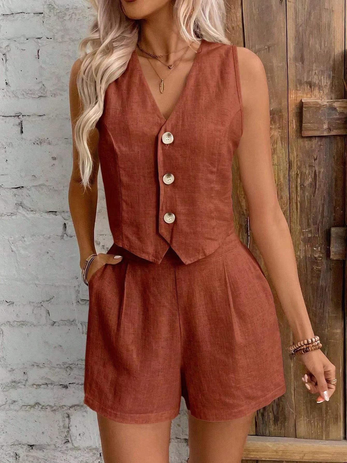 Leinenoptik Damen Zweiteiler Ärmelloses Gilet High-Waist Shorts