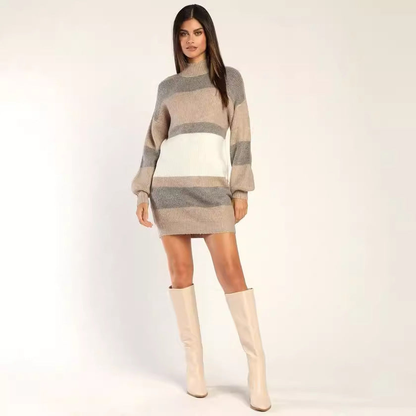 Damen Strickkleid Rollkragen Streifenmuster Norvielle