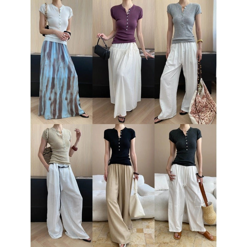 Damen Leinenhose Weites Bein Bequem Natur
