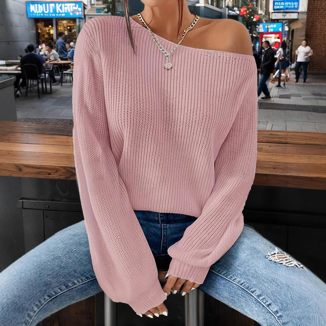 Damen Strickpullover Lässig Weit Offene Schulter Beige
