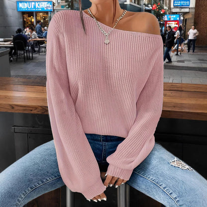 Damen Strickpullover Lässig Weit Offene Schulter Beige