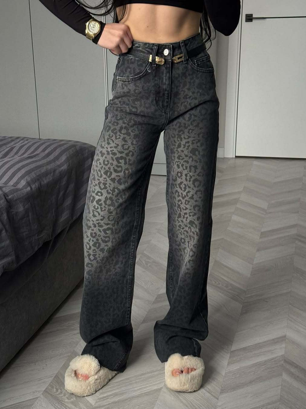 Damen Hochtaillierte Jeans Leopardenmuster Weites Bein Schwarz - Norvielle