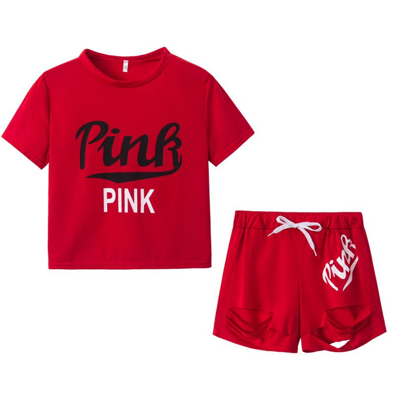 Damen Sportset Weites T-Shirt und Shorts Kontrast-Aufdruck Grau