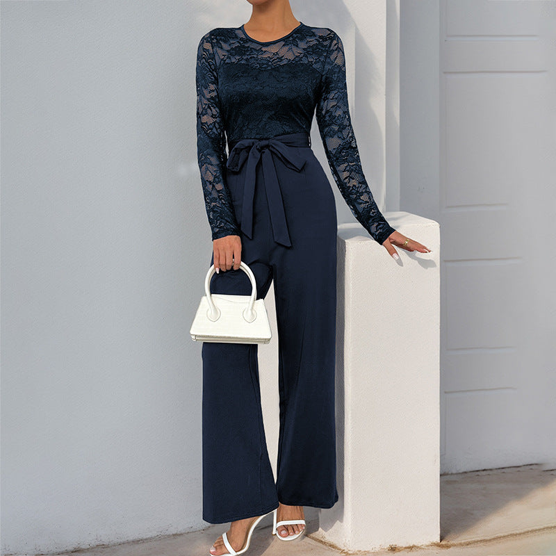 Damen Jumpsuit Spitzenoberteil Taillengürtel Norvielle