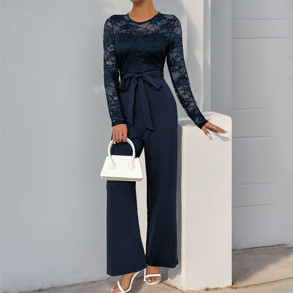 Damen Jumpsuit Spitzenoberteil Taillengürtel Norvielle