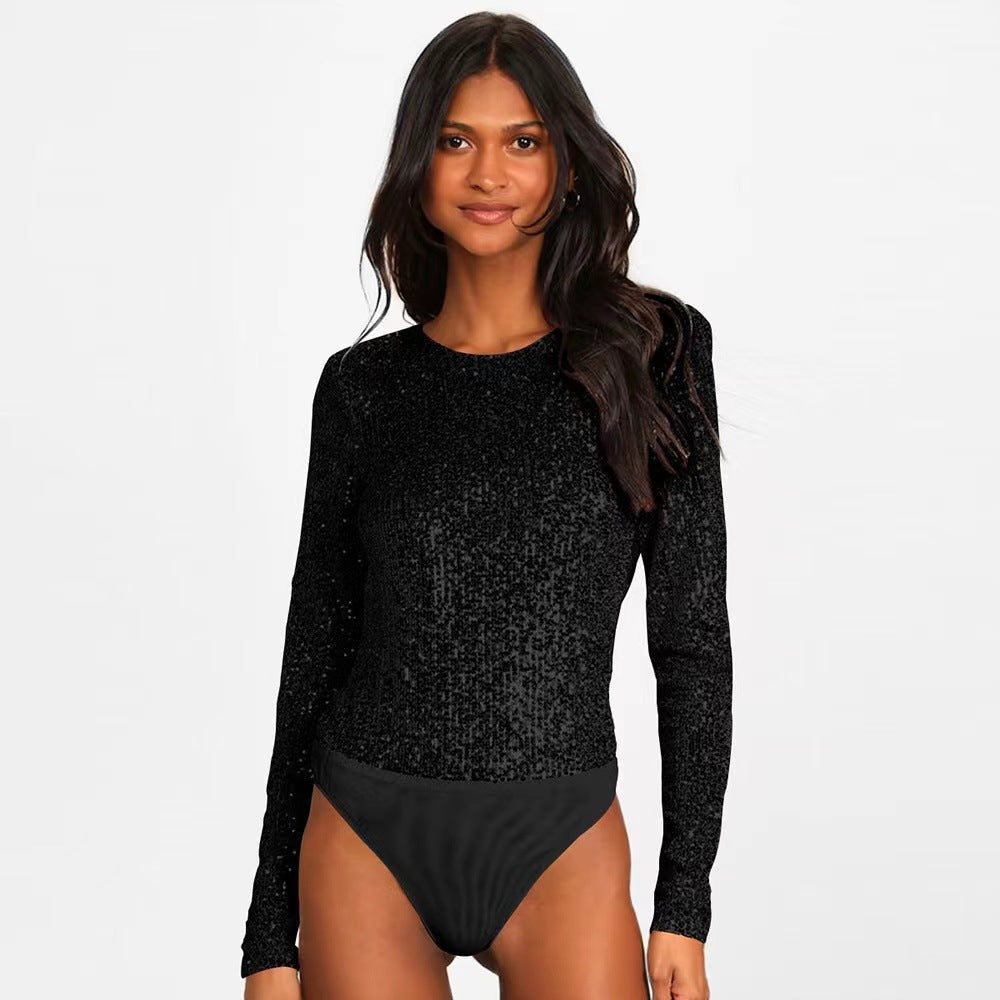 Damen Glitzerndes Bodysuit Längsärmig Schimmernder Stoff