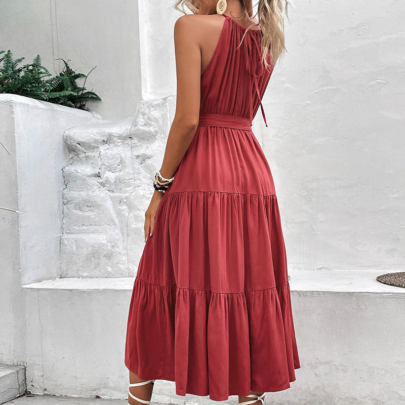 Damen Maxikleid V-Ausschnitt Taillengurt Norvielle