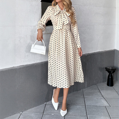 Damen Polka-Dot Midi-Kleid mit Bindekragen und langen Ärmeln