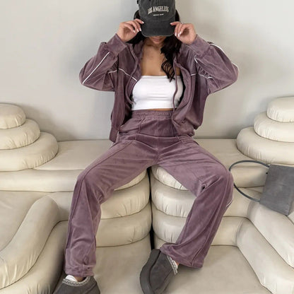 Damen Sportlicher Velour-Anzug mit Kapuze Elastisch