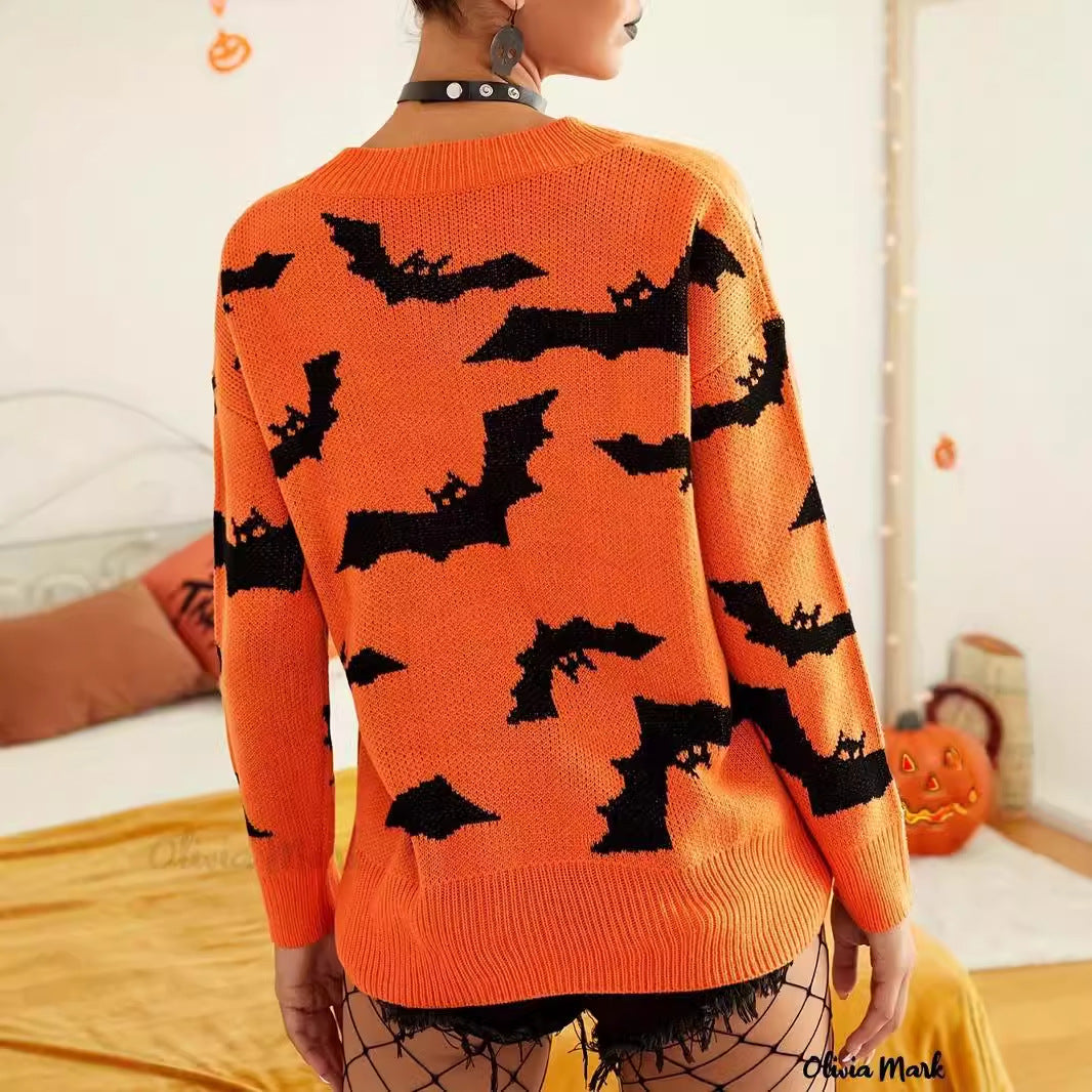 Damen Halloween Pullover Fledermaus Muster Norvielle