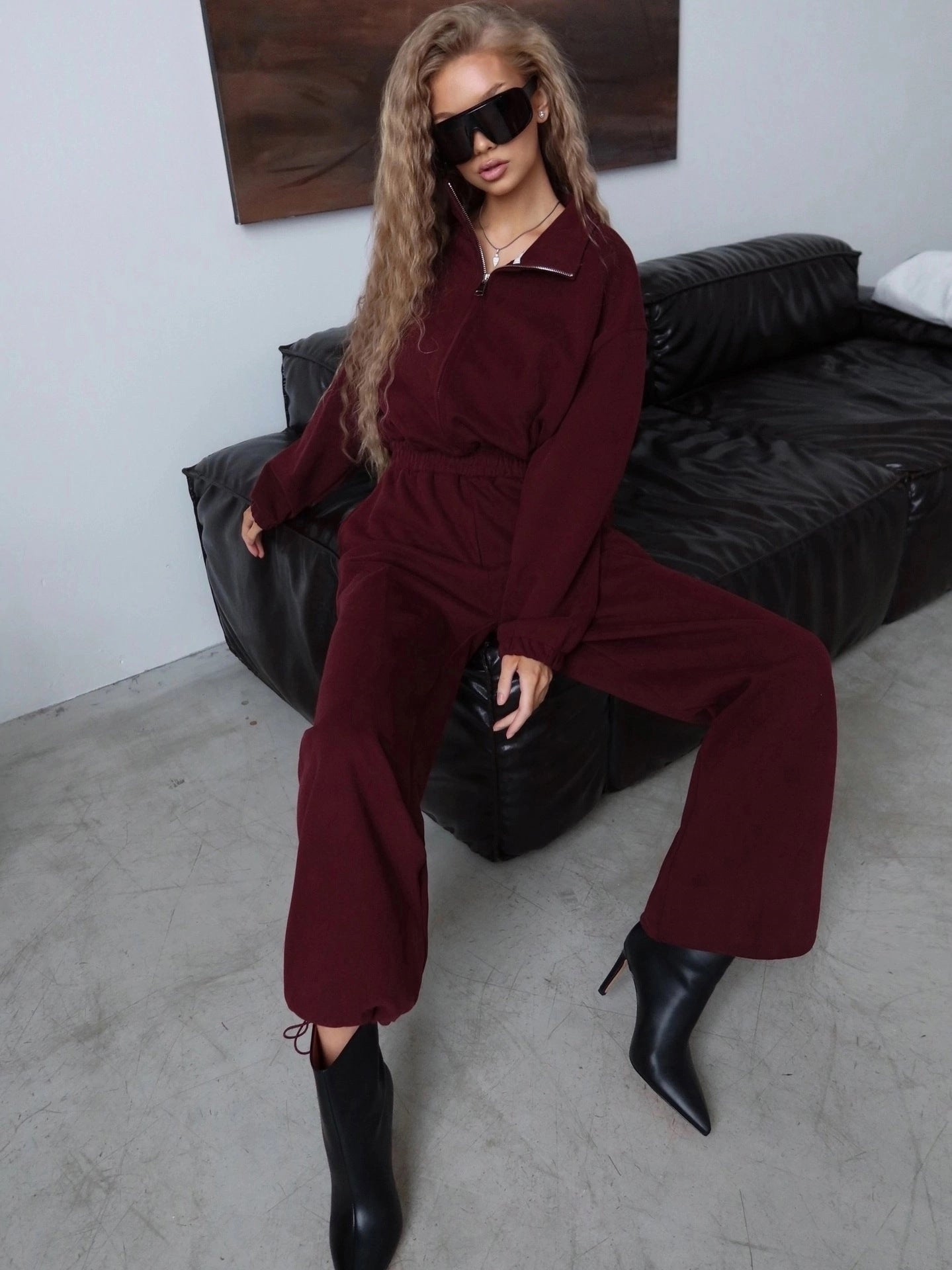 Damen Sportliches Loungewear-Set mit Stehkragen und weiten Hosen