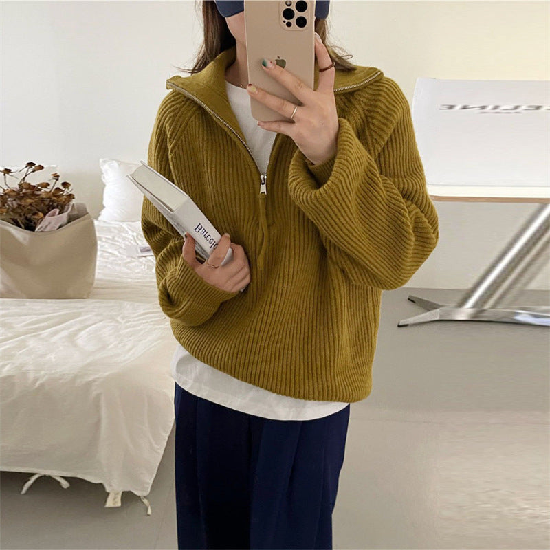 Damen Grobstrickpullover Reißverschluss Hoher Kragen Norvielle