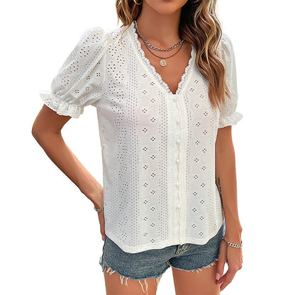 Damen Bluse Spitzenapplikation Rüschendetails Weiß