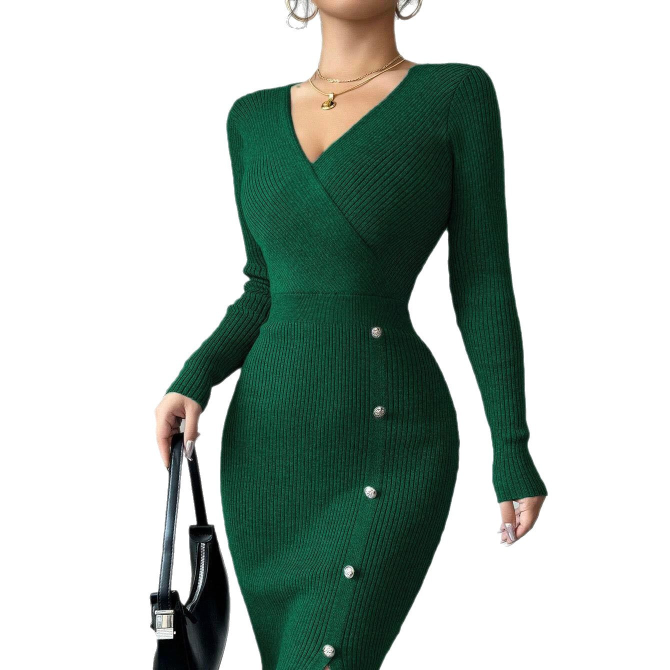 Damen Wickelkleid Strick Norvielle Dekorative Knöpfe