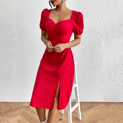 Damen Midi-Kleid Puffärmel Seitenriss