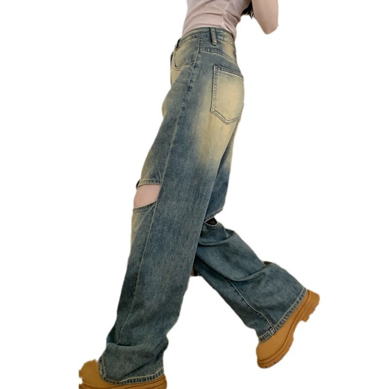 Damen Weite Denim-Hose Asymmetrische Knöpfe
