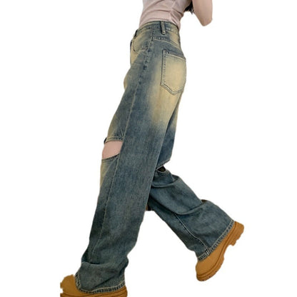 Damen Weite Denim-Hose Asymmetrische Knöpfe